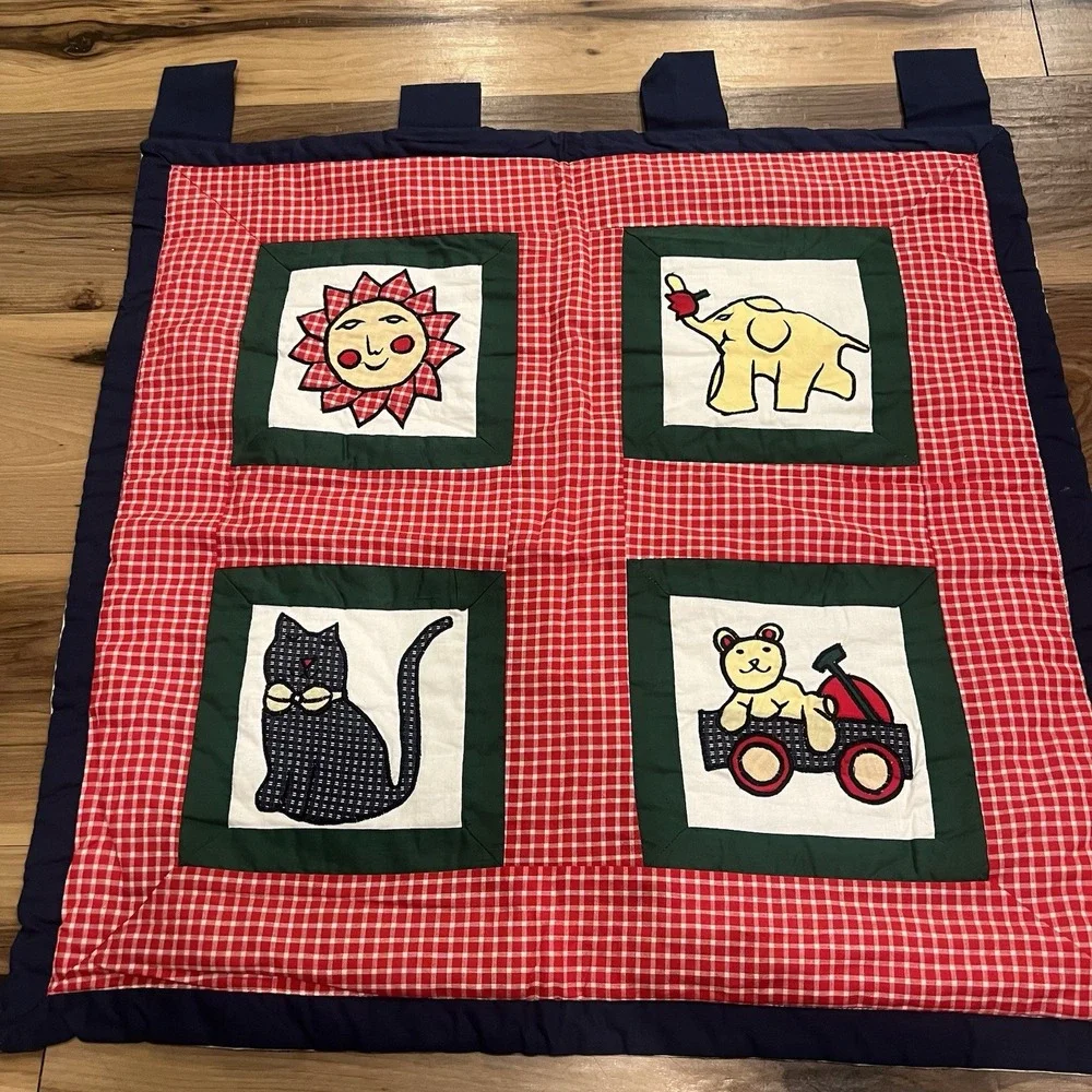 Vtg Quilt Wall Hanging Plaid Cat Sun Baby Nursery Decor Handmade 25in x 24.5in